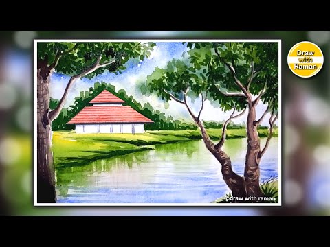 Village drawing for beginners | Village scenery | Watercolor tutorial in Hindi