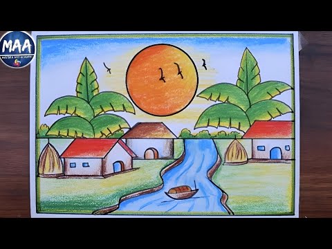 Village scenery drawing | Village nature art | Easy drawing step by step #scenery