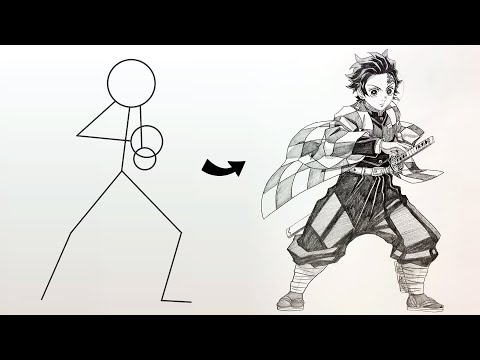 How to Draw Tanjiro Full Body from Stick Man | Easy Step-by-Step | Demon Slayer