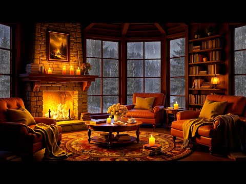 Smooth Jazz in Cozy Cabin Ambience ⛈ Rain and Fireplace Sounds for Stress Relief, Relaxation & Sleep