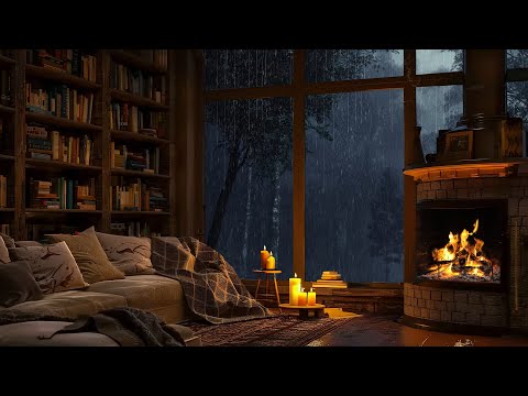 Jazz Relaxing Music 🌧️ Cozy Reading Nook Ambience with Soft Jazz, Rain & Fireplace Sounds for Unwind