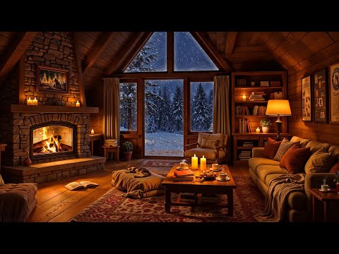 Cozy Cabin Ambience ❄️ Smooth Jazz Instrumental & Fireplace Sounds on Snowy Night for Stress Relief