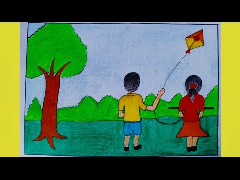 how to draw kite flying scenery very easy step by step /makar sankranti special drawing /vishesh979