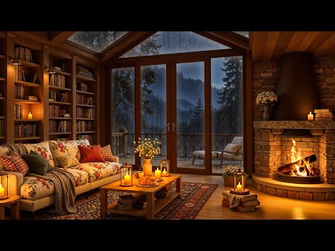 Cozy Reading Nook Ambience on a Rainy Night 🌧️ Soft Jazz & Crackling Fireplace for Relaxation