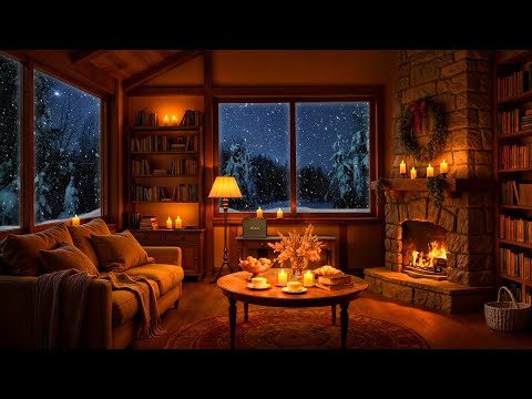 Warm Jazz Music in Cozy Winter Cabin Ambience - Fireplace Sounds and Snowfall for Relaxation