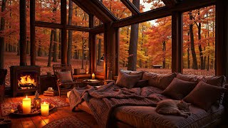 Cozy Autumn Cabin Ambience in the Woods 🍂 Jazz Music & Fireplace Sounds for Peaceful Sleep