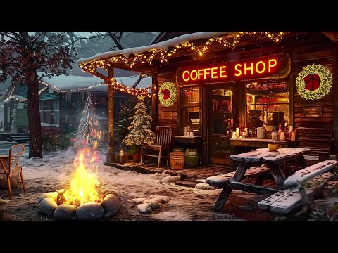 Cozy Christmas Coffee Porch Ambience with Falling Snow & Fireplace ☕ Smooth Relaxing Jazz Music