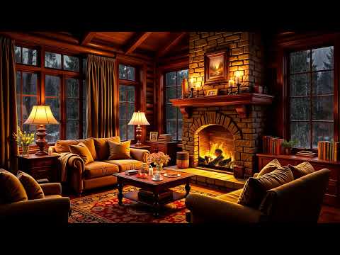 Relaxing Jazz in Cozy Cabin Ambience ⛈ Crackling Fireplace & Soft Rain Sounds for Sleeping, Studying