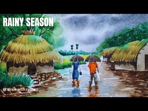 Rainy Season Drawing Easy |  Rainy Day Scenery Drawing