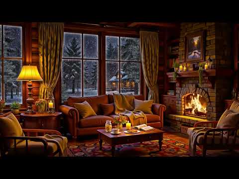 Cozy Winter Cabin Ambience on Snowy Night ❄️Soft Jazz, Crackling Fireplace & White Noise for Sleep