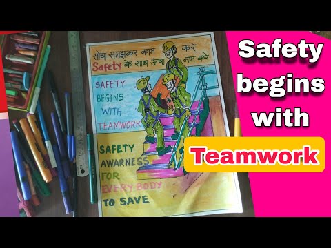 Safety poster drawing: Safety begins with teamwork/ safety Awareness Art @modikasundayvlogs9920