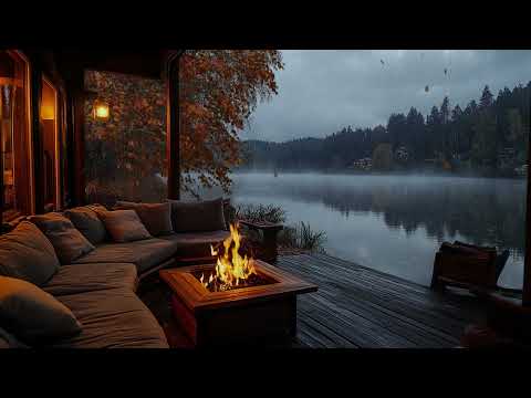 Soft Jazz in Cozy Lakeside Porch Ambience on Rainy Day 🌧️ Rain & Fireplace Sounds to Chill Out