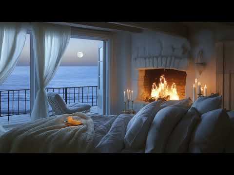 Moonlit Beach House Fireplace Ambience | ASMR Crackling Fire, Ocean Waves & Music for Sleep & Focus