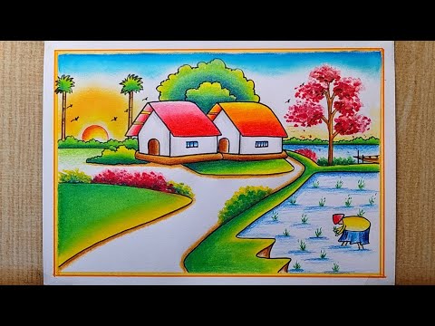 Paddy Field With Farmer Scenery drawing| Beautiful 😍 Village Scenery drawing| Spring Seasons drawing